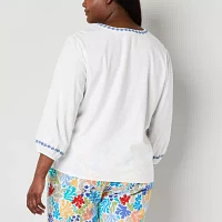 St. John's Bay Plus Womens Split Crew Neck Long Sleeve Embroidered Blouse