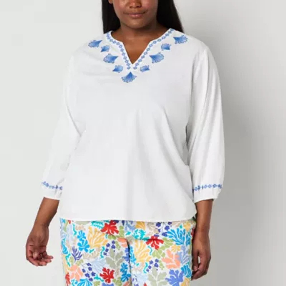 St. John's Bay Plus Womens Split Crew Neck Long Sleeve Embroidered Blouse