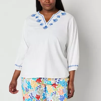 St. John's Bay Plus Womens Split Crew Neck Long Sleeve Embroidered Blouse