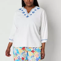 St. John's Bay Plus Womens Split Crew Neck Long Sleeve Embroidered Blouse