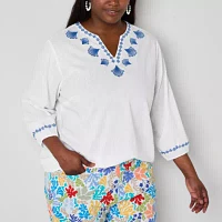 St. John's Bay Plus Womens Split Crew Neck Long Sleeve Embroidered Blouse