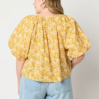 a.n.a Plus Womens Round Neck Elbow Sleeve Blouse