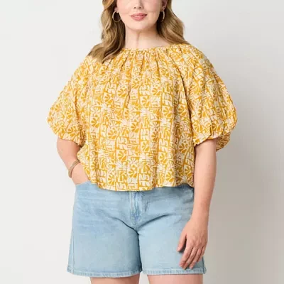 a.n.a Plus Womens Round Neck Elbow Sleeve Blouse
