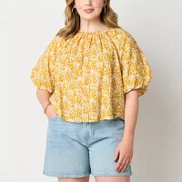 a.n.a Plus Womens Round Neck Elbow Sleeve Blouse