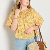 a.n.a Plus Womens Round Neck Elbow Sleeve Blouse