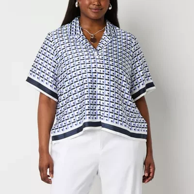 Worthington Womens Short Sleeve Camp Shirt Plus
