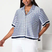 Worthington Womens Short Sleeve Camp Shirt Plus