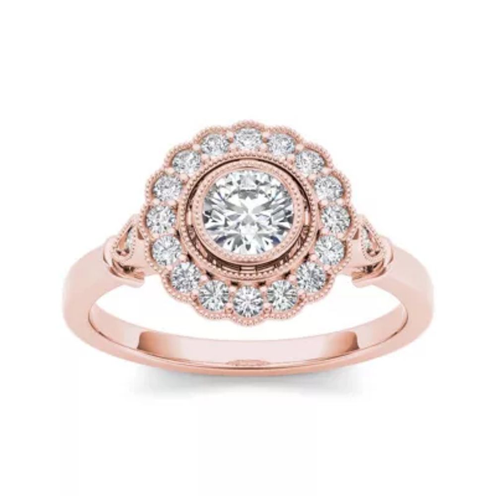 1/2 CT.T.W. Natural Diamond Flower Halo 10K Rose Gold Engagement Ring