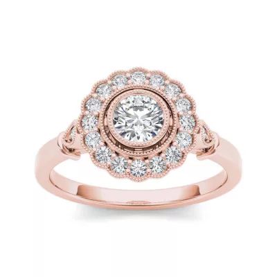 1/2 CT.T.W. Natural Diamond Flower Halo 10K Rose Gold Engagement Ring