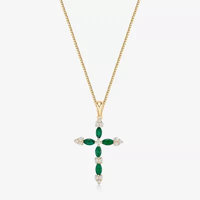 Womens 1/6 CT. T.W. Genuine Green Emerald 10K Gold Cross Pendant Necklace