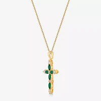 Womens 1/6 CT. T.W. Genuine Green Emerald 10K Gold Cross Pendant Necklace