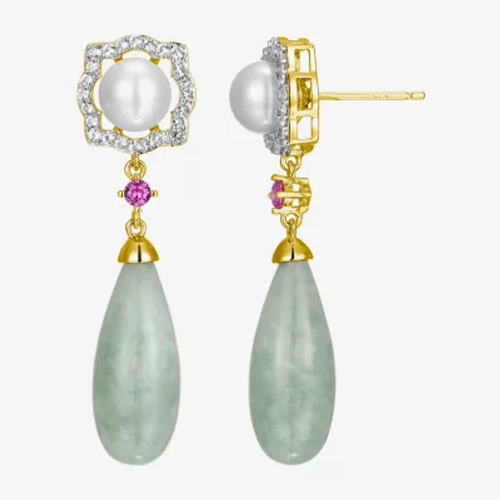 Genuine Green Jade 18K Gold Over Silver Drop Earrings