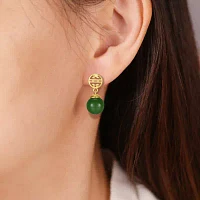 Womens Genuine Green Jade 18K Gold Over Silver Drop Earrings