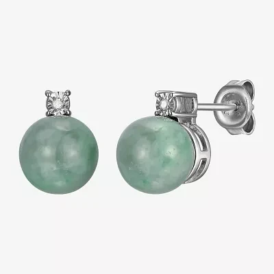 Diamond Accent Genuine Green Jade Sterling Silver 10.3mm Stud Earrings