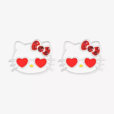 Pink Crystal Pure Silver Over Brass 9.1mm Heart Hello Kitty Stud Earrings