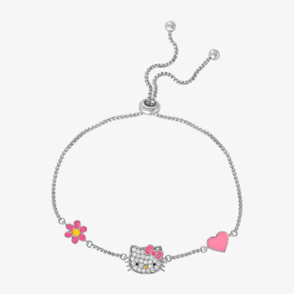 Cubic Zirconia Pure Silver Over Brass 9 1/2 Inch Box Flower Heart Hello Kitty Bolo Bracelet