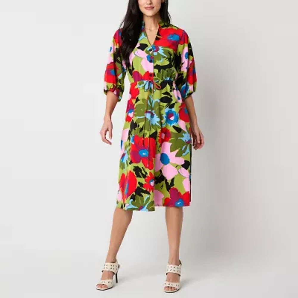 52seven Womens Elbow Sleeve Floral Midi Fit + Flare Dress Petite