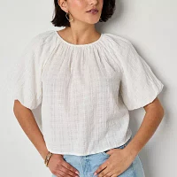 a.n.a Tall Womens Round Neck Elbow Sleeve Blouse