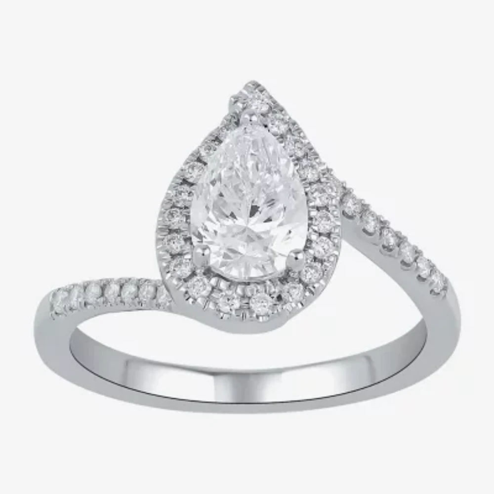 (G / I1) Womens 1 1/4 CT. T.W. Lab Grown White Diamond 14K Gold Pear Bypass Halo Engagement Ring