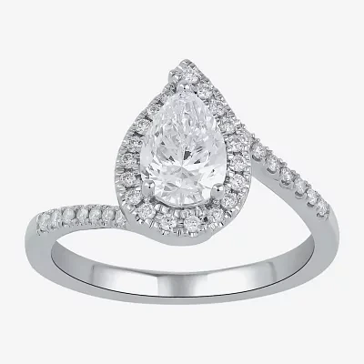 (G / I1) Womens 1 1/4 CT. T.W. Lab Grown White Diamond 14K Gold Pear Bypass  Halo Engagement Ring