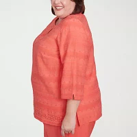 Alfred Dunner Plus Catalina Island Womens Split Crew Neck 3/4 Sleeve Blouse