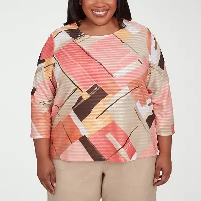 Alfred Dunner Catalina Island Womens Plus Crew Neck 3/4 Sleeve T-Shirt