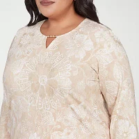 Alfred Dunner Catalina Island Womens Plus Split Crew Neck 3/4 Sleeve Stretch Fabric T-Shirt