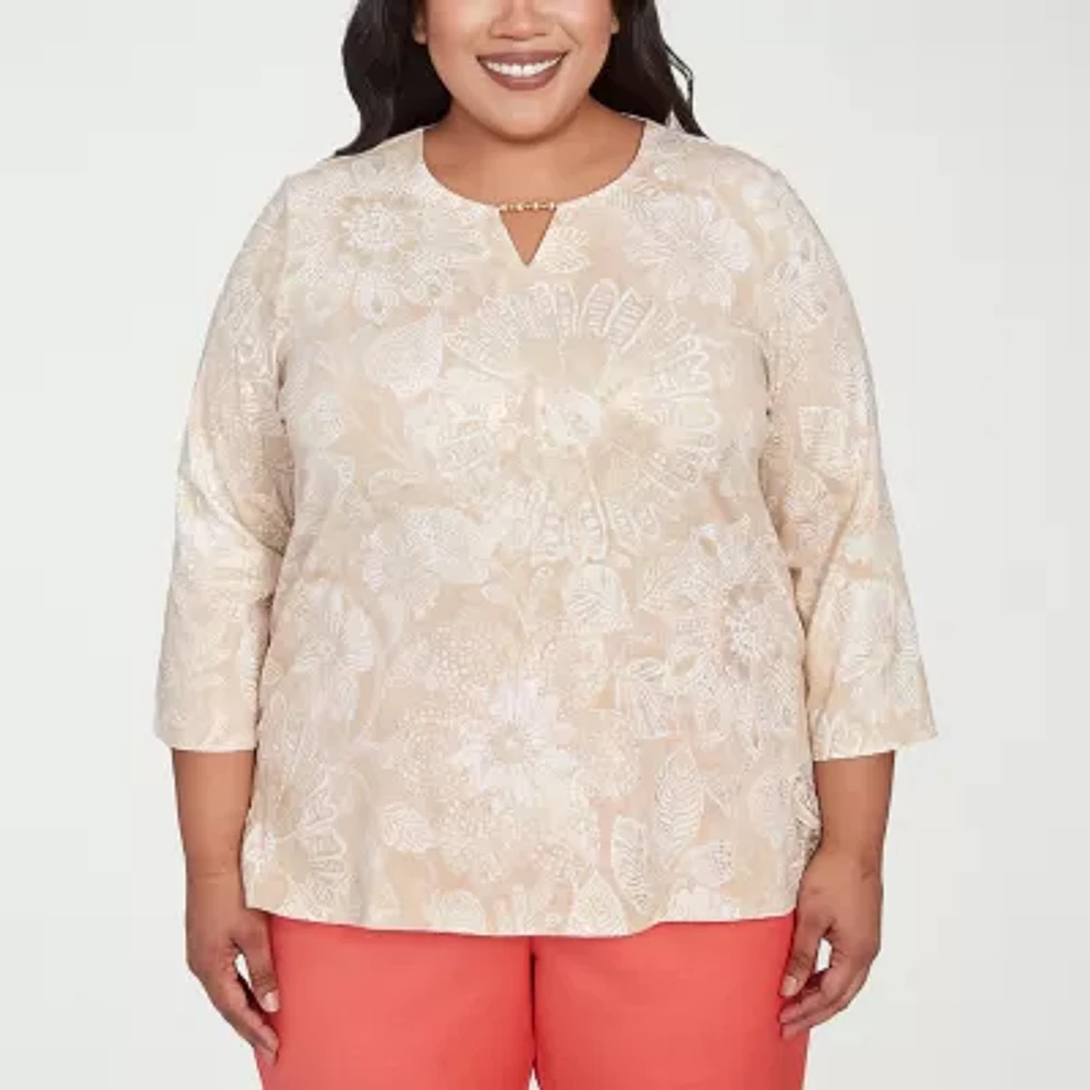 Alfred Dunner Catalina Island Womens Plus Split Crew Neck 3/4 Sleeve Stretch Fabric T-Shirt