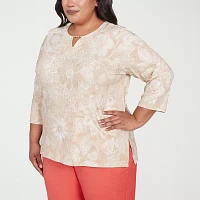 Alfred Dunner Catalina Island Womens Plus Split Crew Neck 3/4 Sleeve Stretch Fabric T-Shirt