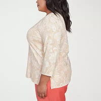 Alfred Dunner Catalina Island Womens Plus Split Crew Neck 3/4 Sleeve Stretch Fabric T-Shirt