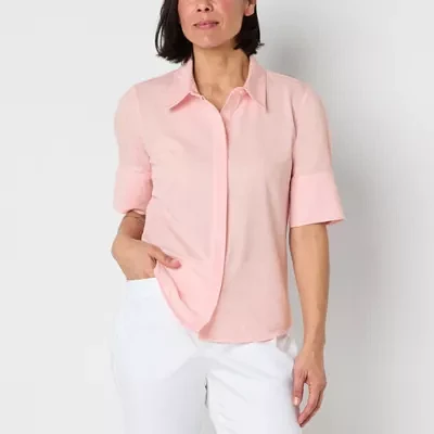 Liz Claiborne Womens Short Sleeve Regular Fit Button-Down Shirt