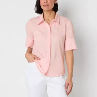 Liz Claiborne Womens Short Sleeve Regular Fit Button-Down Shirt