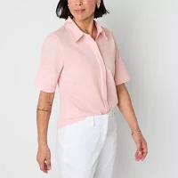 Liz Claiborne Womens Short Sleeve Regular Fit Button-Down Shirt