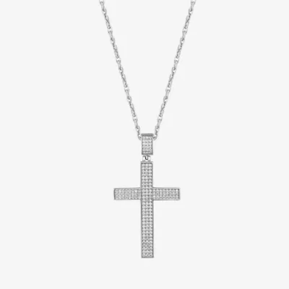 Mens Cubic Zirconia Sterling Silver Cross Pendant Necklaces