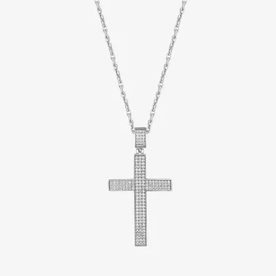 Mens Cubic Zirconia Sterling Silver Cross Pendant Necklaces