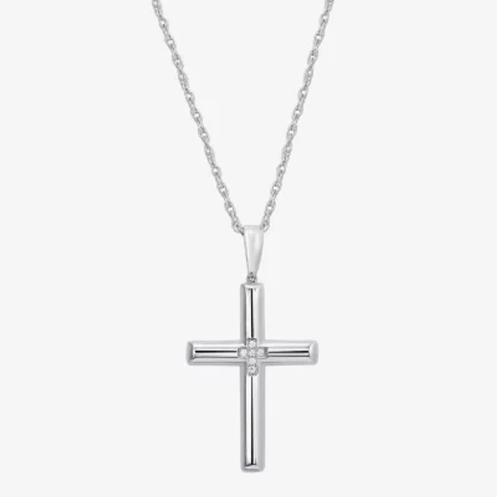 Mens White Cubic Zirconia Sterling Silver Cross Pendant Necklace