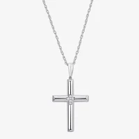 Mens White Cubic Zirconia Sterling Silver Cross Pendant Necklace