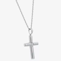 Mens White Cubic Zirconia Sterling Silver Cross Pendant Necklace