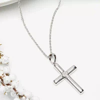 Mens White Cubic Zirconia Sterling Silver Cross Pendant Necklace