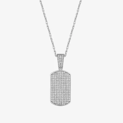 Mens White Cubic Zirconia Sterling Silver Dog Tag Pendant Necklaces