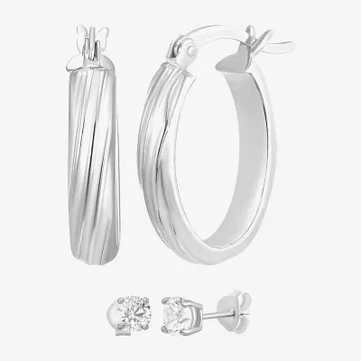 White Cubic Zirconia Sterling Silver Oval 2 Pair Earring Set