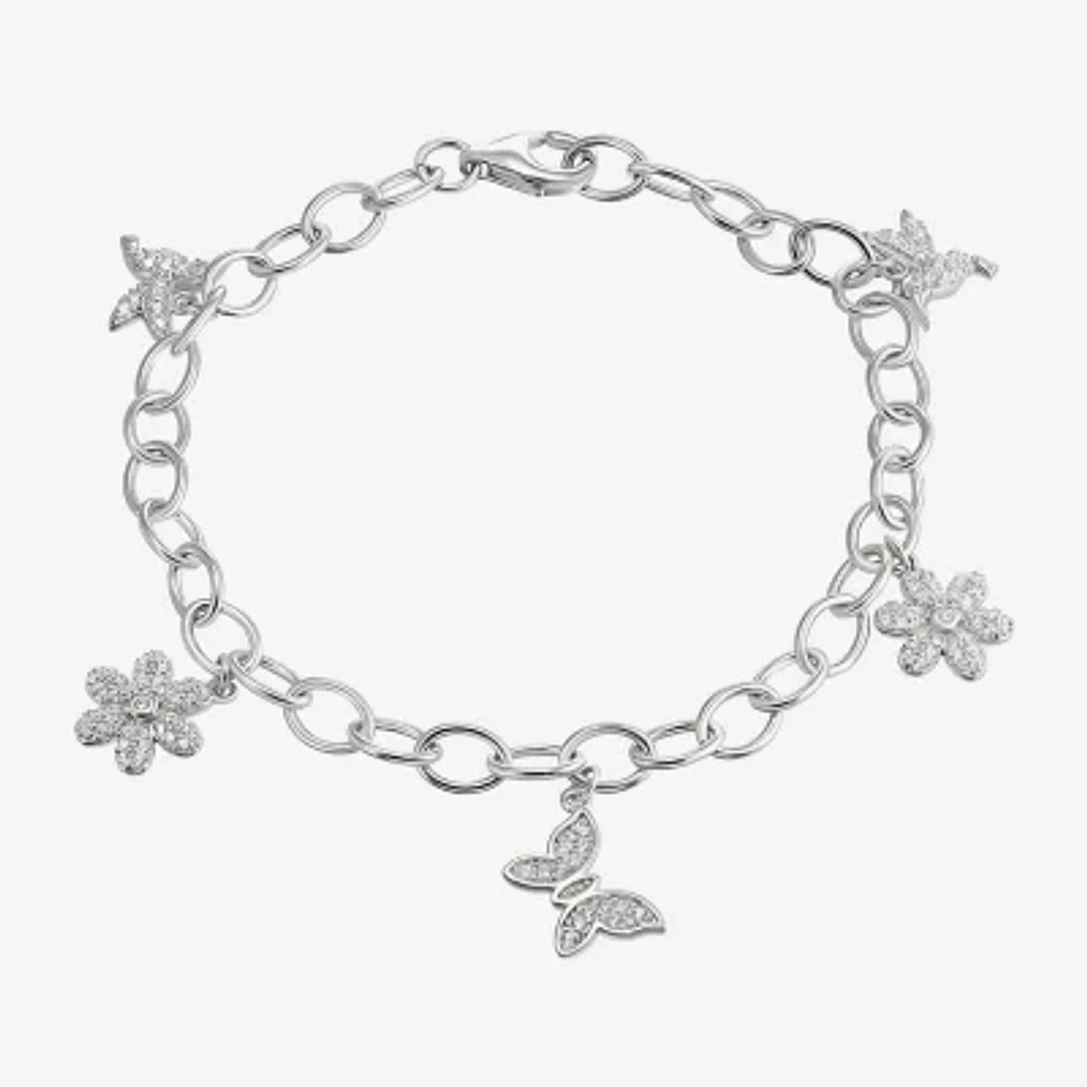 Diamonart White Cubic Zirconia Sterling Silver Butterfly Flower Charm Bracelet