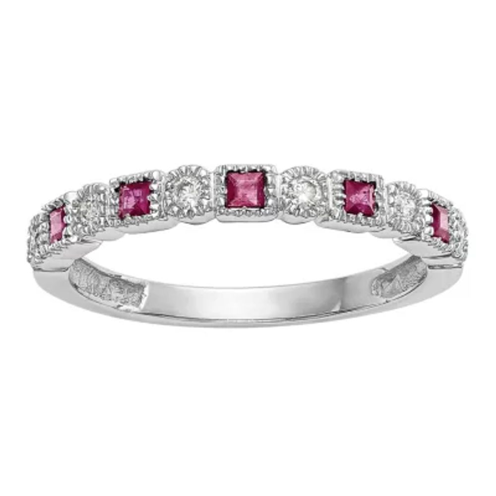 Modern Bride Gemstone 2MM 1/10 CT. T.W. Lead Glass-Filled Red Ruby 14K White Gold Wedding Band