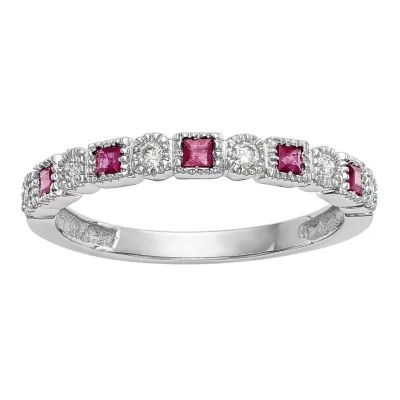 Modern Bride Gemstone 2MM 1/10 CT. T.W. Lead Glass-Filled Red Ruby 14K White Gold Wedding Band