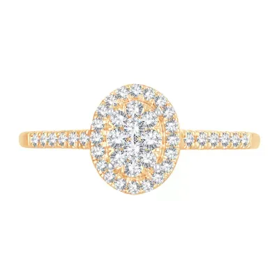 Womens 1/ CT. T.W. Natural White Diamond 10K Gold Oval Side Stone Halo Engagement Ring