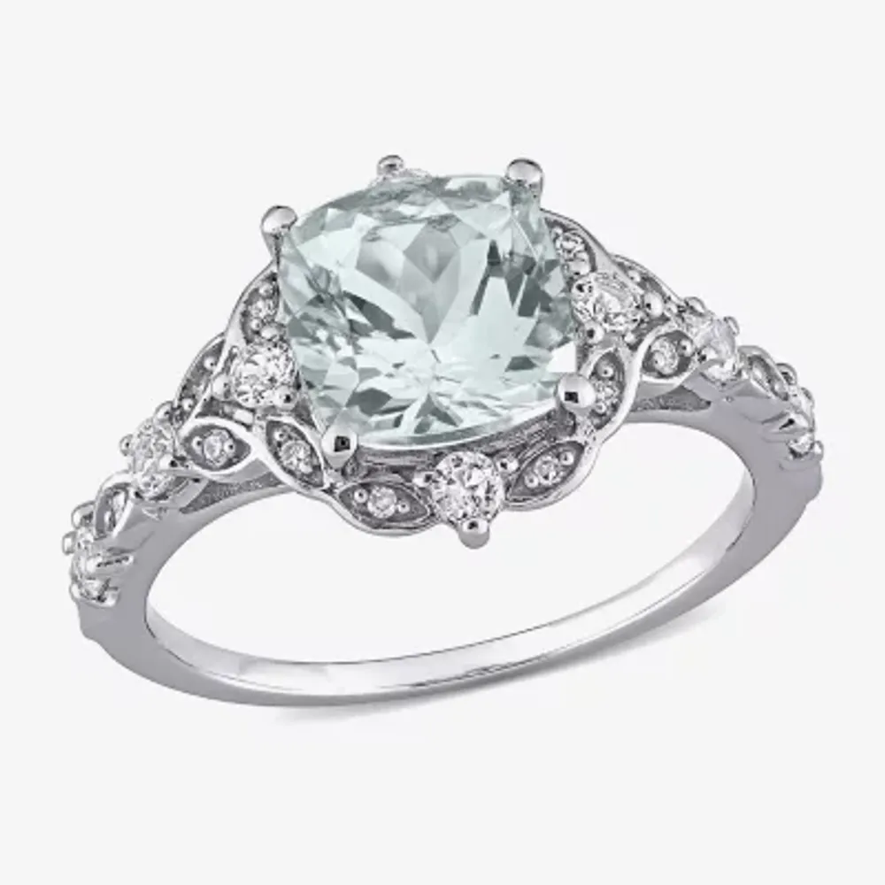 Modern Bride Gemstone Womens Diamond Accent Genuine Blue Aquamarine 14K White Gold Cushion Engagement Ring