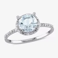 Modern Bride Gemstone Womens Diamond Accent Genuine Blue Aquamarine 10K White Gold Round Halo Engagement Ring