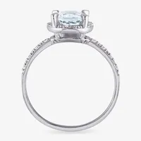 Modern Bride Gemstone Womens Diamond Accent Genuine Blue Aquamarine 10K White Gold Round Halo Engagement Ring