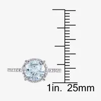 Modern Bride Gemstone Womens Diamond Accent Genuine Blue Aquamarine 10K White Gold Round Halo Engagement Ring