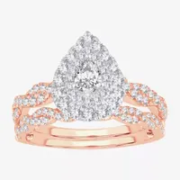 Signature By Modern Bride 1 CT.T.W. Natural Diamond Pear Shape Side Stone Halo Bridal Set 10K or 14K Gold